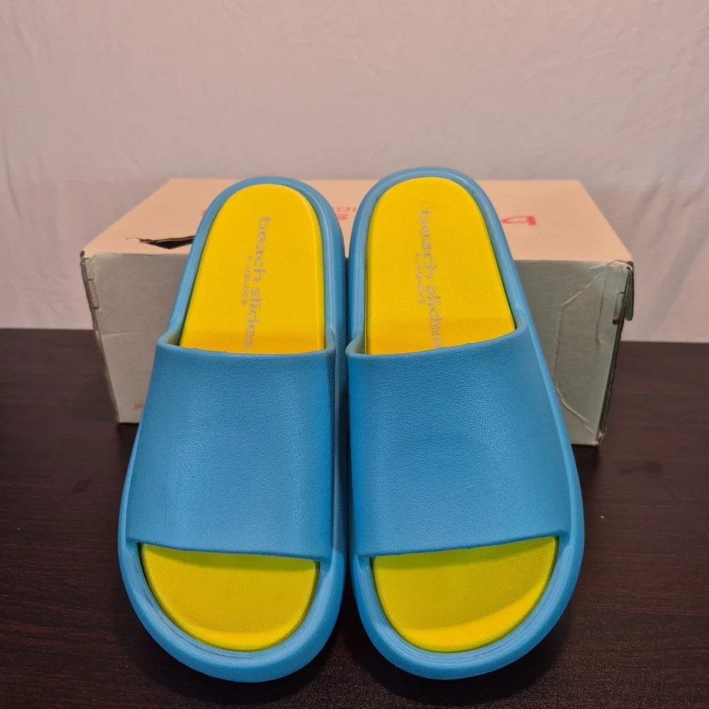 New In Box Beach Slides By J/Slides Blue/Yellow Eva Squish S-8 Chunky Minimalist